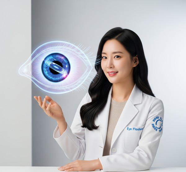 안구모양 홀로그램 영상을 보면서 광시증에 대해서 설명중인 여자미녀 의사