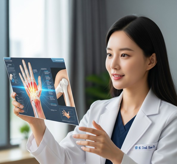 손목영상을 보면서 확인 중인 의사,손목터널증후군 가능성
