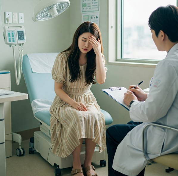 어지러움증 때문에 병원에서 진료를 받고 있는 여성