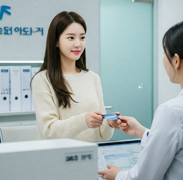 전해질검사 비용을 신용카드로 결제하는 여성