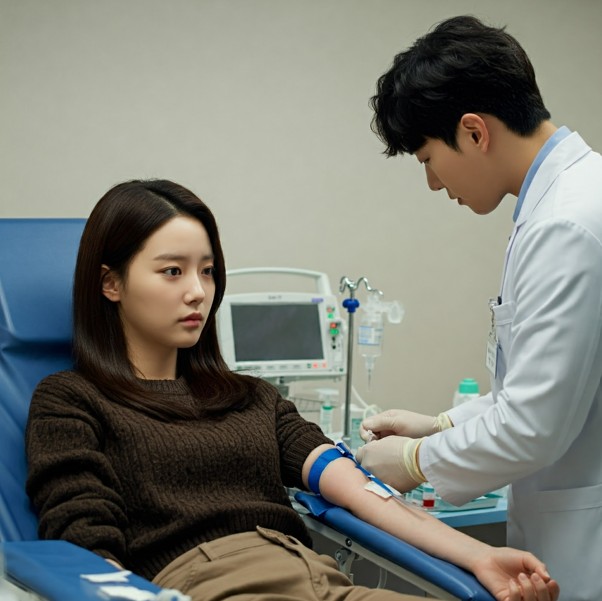 전해질검사를 위해서  병원 침상에서 피를 뽑고 있는 여자 환자