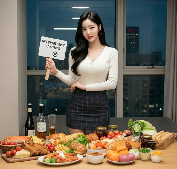 음식앞에서 간헐적단식을 설명하는 여성