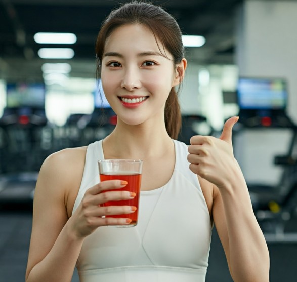 구기자차를 들고 엄지척을 하는 여성