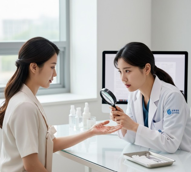 손바닥에 붉은 반점이 생겨서 진료받는 여성
