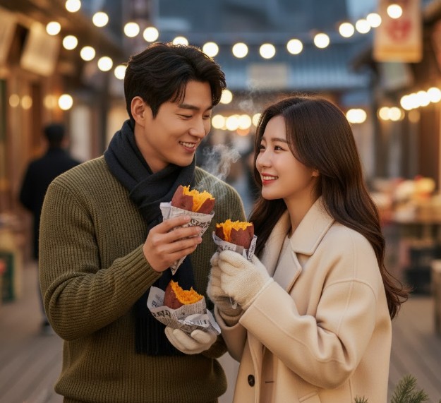 군고구마를 먹고 있는 남녀