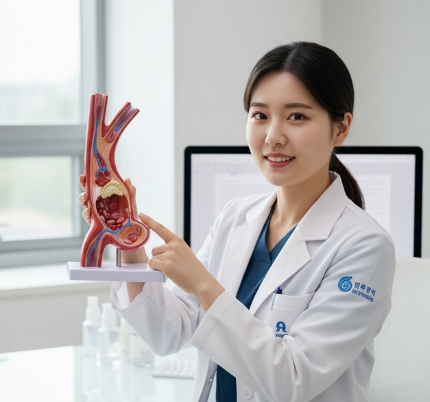 혈관 모형을 들고 고지혈증 원인을 설명하는 의사