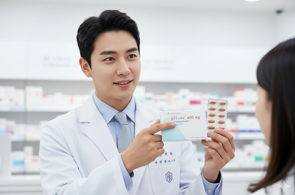 글리벡을 들고 설명하는 약사