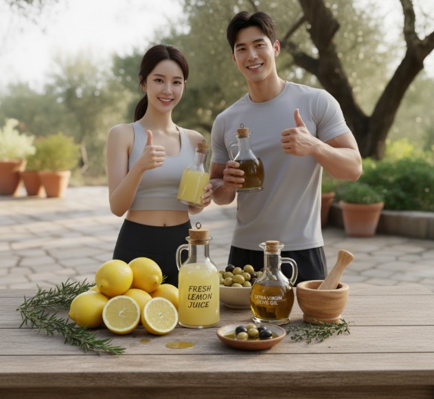 레몬즙과 올리브유를 들고 있는 남녀