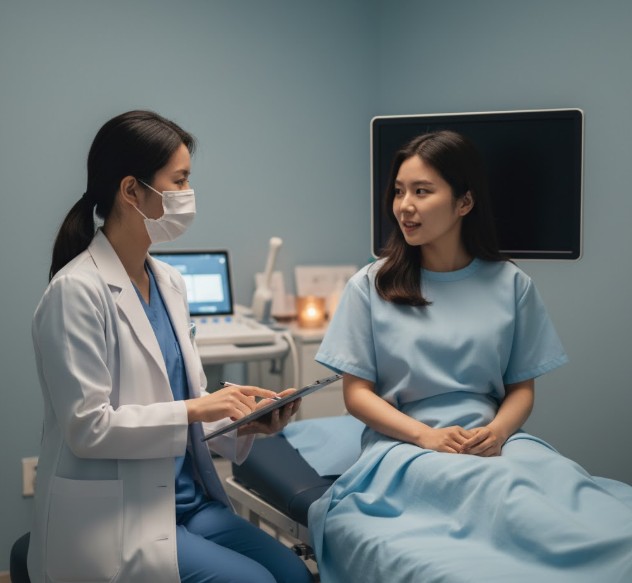 복부초음파검사후 의사에게 내용을 듣는 여성