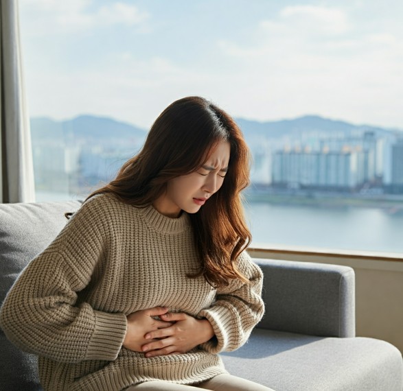 키토산 부작용으로 복통을 호소하는 여성