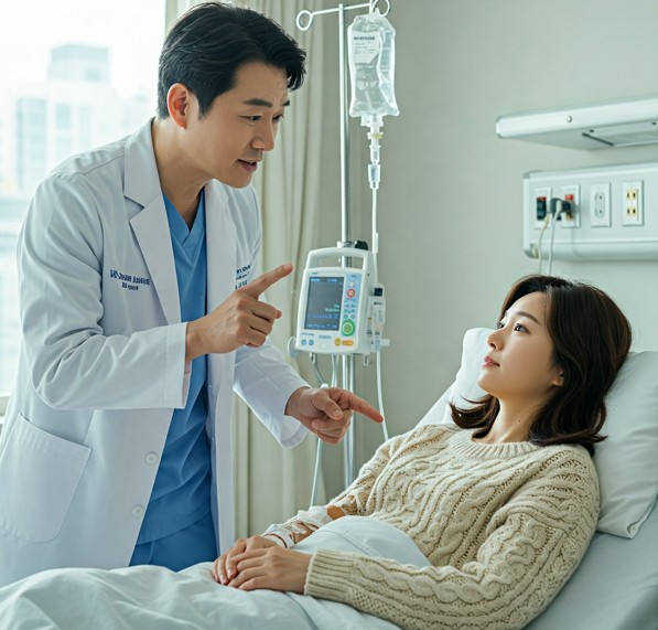 b형 독감으로 수액을 맞는 여성