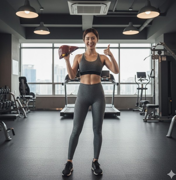 간 모형을 손에 들고 웃는 여성,헬스장