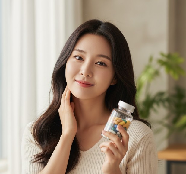 갑상선에 좋은 영양제를 들고 웃는 여성
