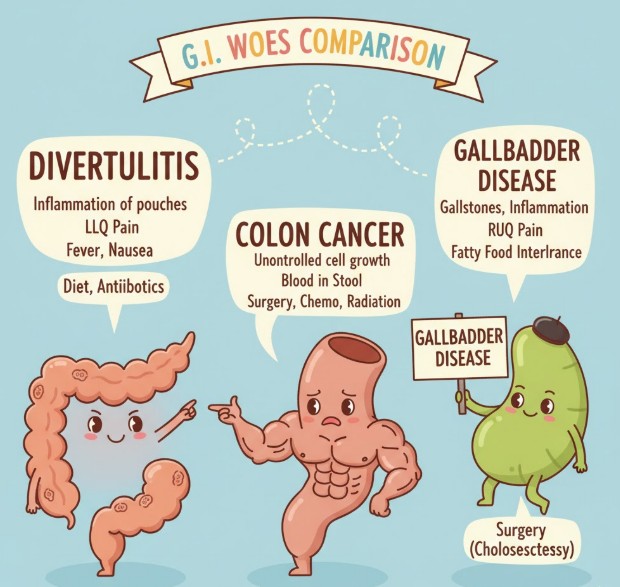 게실염 대장암 담낭질환 비교하는 그림