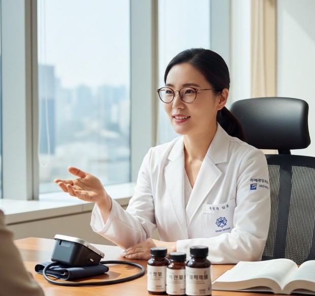 고혈압약 복용을 설명하는 의사