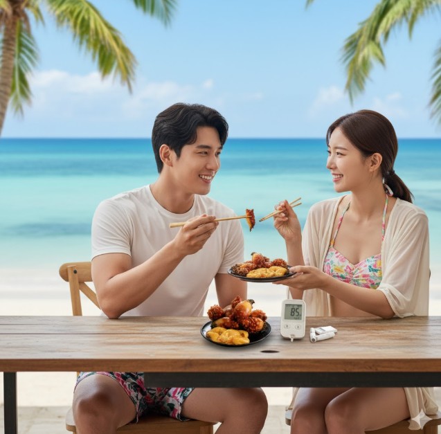 해변에서 멍게를 먹는 남녀