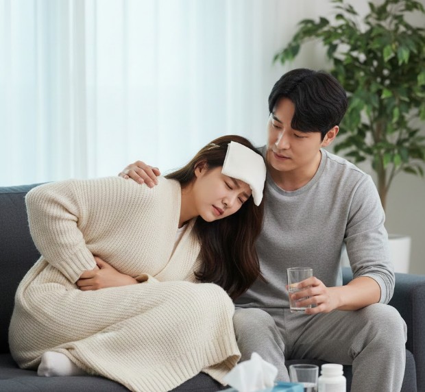 몸살로 고통을 호소하는 여성