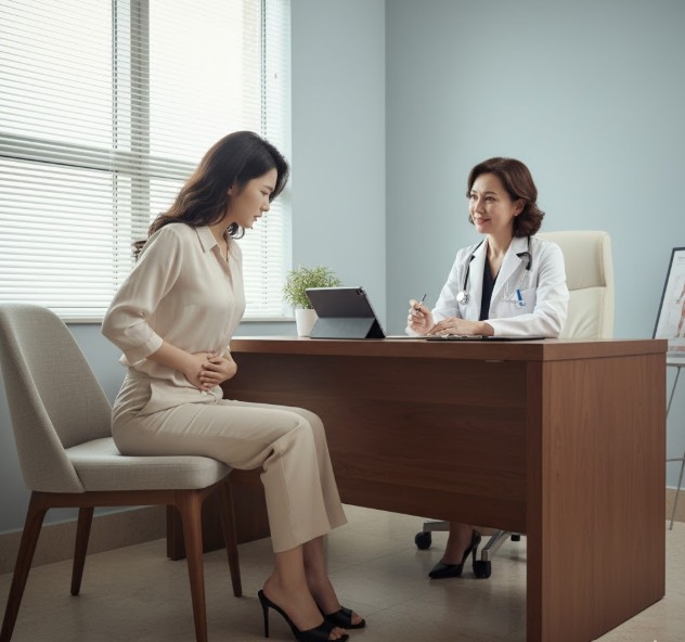 배뇨통 때문에 병원 진료를 받는 여성