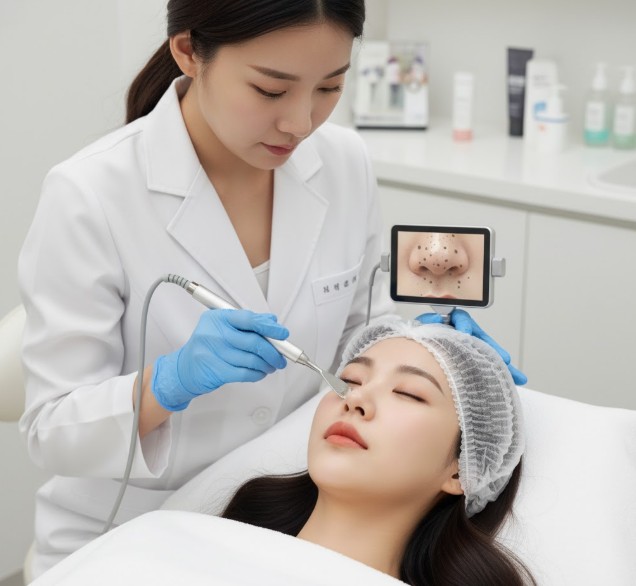 피부과에서 블랙헤드 치료를 받는 여성