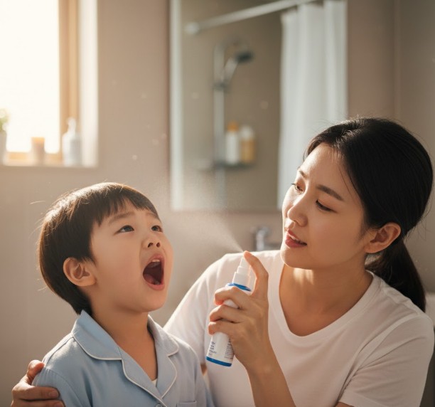 아이에게 인후통 스프레이를 뿌리는 엄마