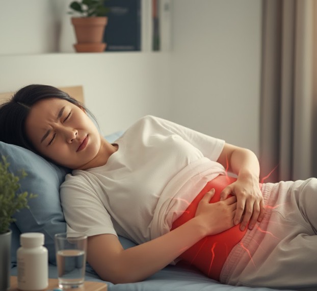 오른쪽 윗배 통증이 심해서 누워 있는 여성