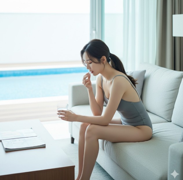 장염 응급처치로 약을 먹는 여성