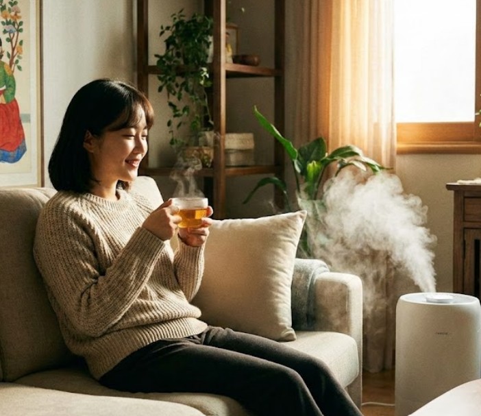 가습기 틀고 차마시는 여성