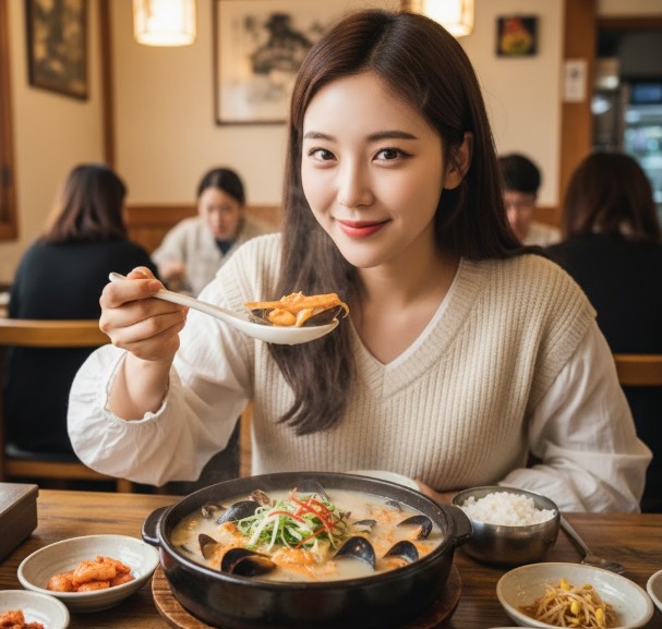홍합탕을 먹고 있는 여성