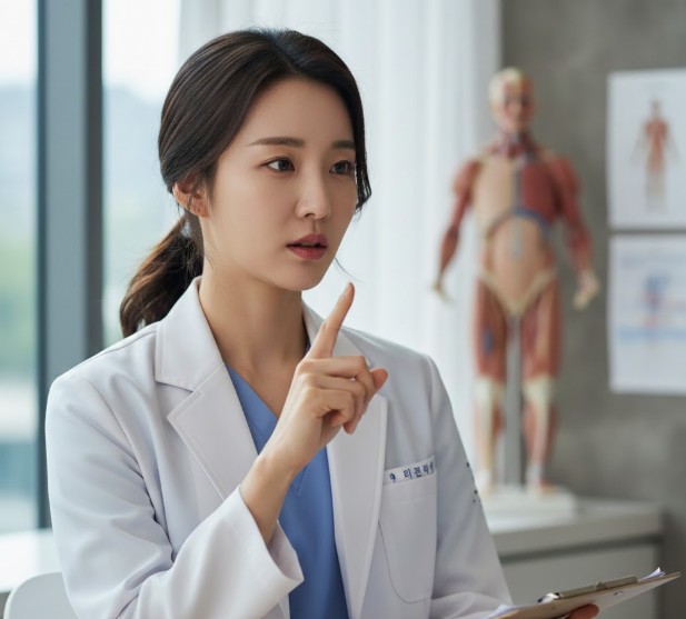 고지혈증 약 부작용에 대해서 설명 중인 의사