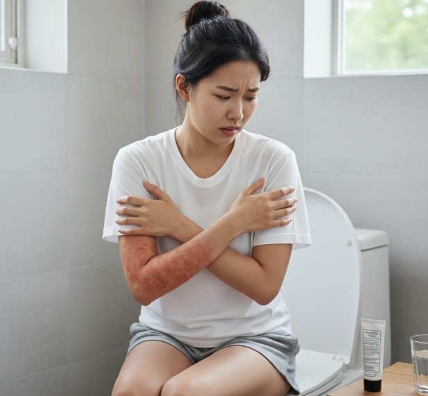 설사 때문에 화장실에 앉아서 굴 알레르기로 팔을 만지는 여성