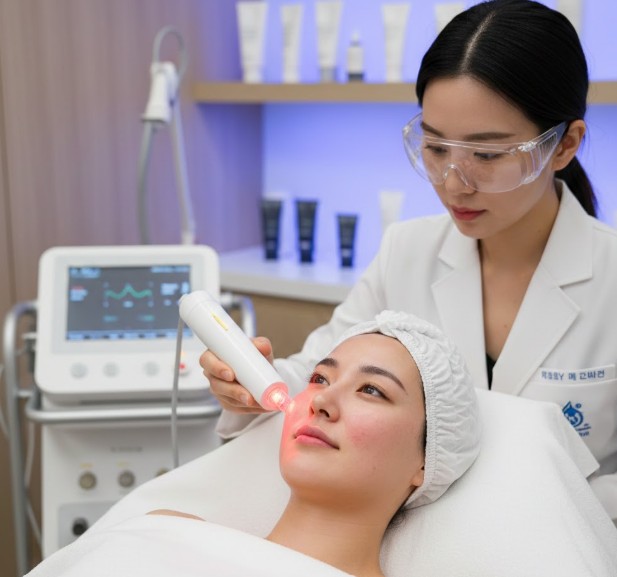 피부과에서 홍초 치료를 받는 여성