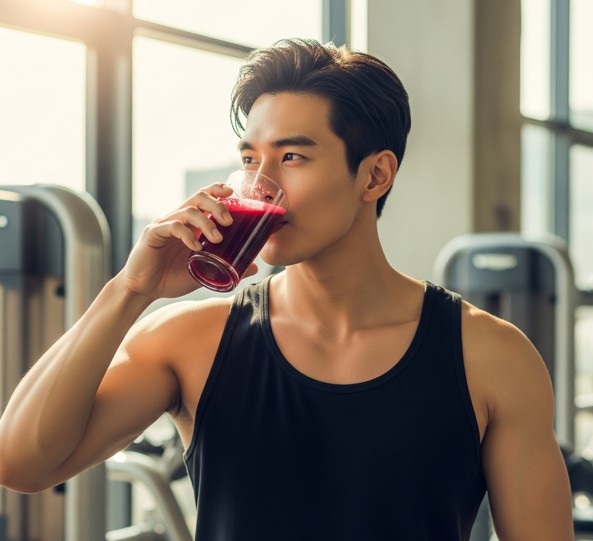 레드비트 주스를 마시는 남성