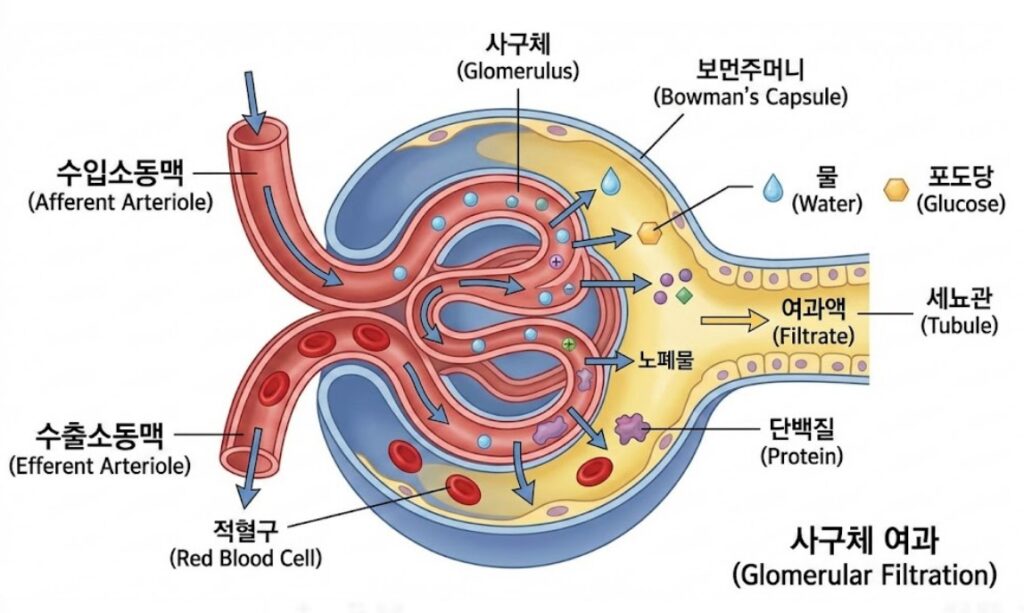 신장의 사구체 여과 과정을 보여주는 구조도
