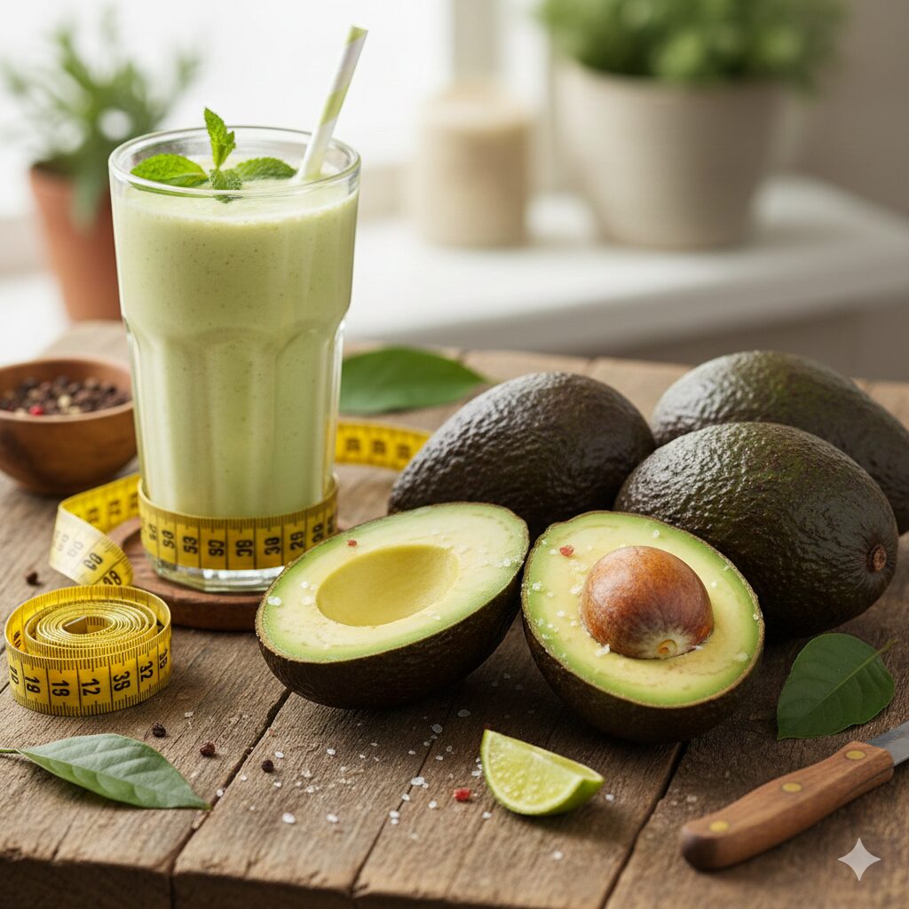 책상위에 아보카도가 풍성하게 있어,반으로 잘려서 예쁜 단면,그대로인 아보카도,아보카도 주스,줄자