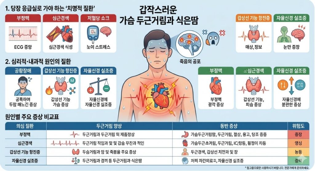 갑작스러운 가슴두근거림(심계항진)과 식은땀의 원인을 증상별로 나타낸 그림