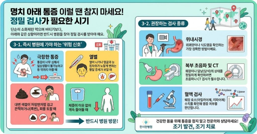 명치 아래 통증 이럴 땐 참지 마세요! 정밀 검사가 필요한 시기