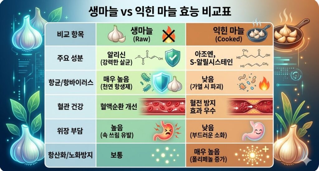 생마늘과 익힌마늘의 효능을 비교한 표